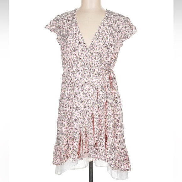 Rails Koreen Flower Vines Wrap Mini Dress White Pink Lined Short Sleeve Size M - Picture 4 of 8